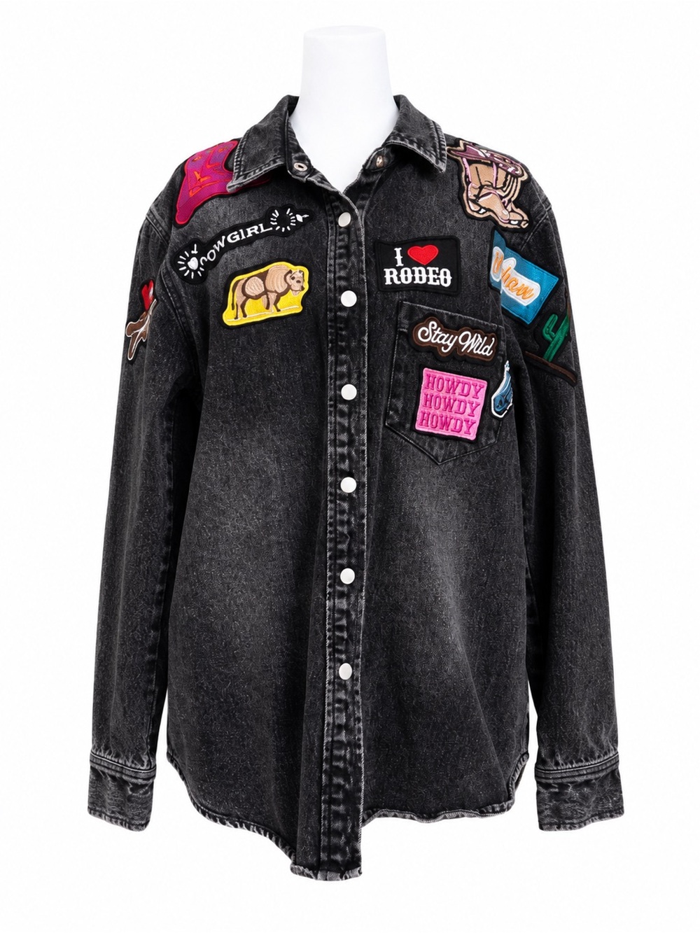 Blue B Western Denim Shacket Jacket Womens Medium Black Patchwork 22686J